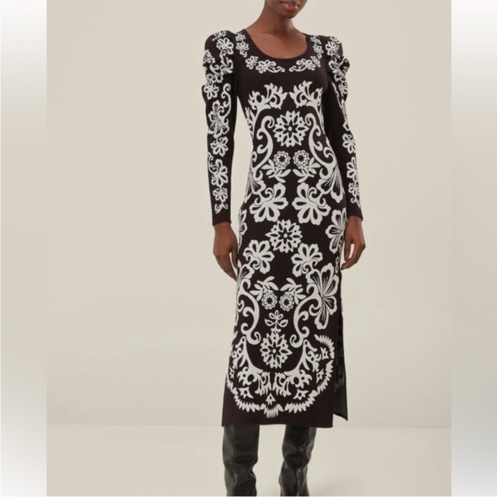 ❄️ Farm RIO for Anthropologie cashew Mandela Knit Puff Sleeve Sweater Dress XL